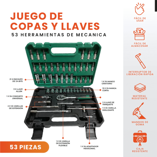 Juego De Copas Llaves 53 Herramientas Mecanica Ratchet 1/4